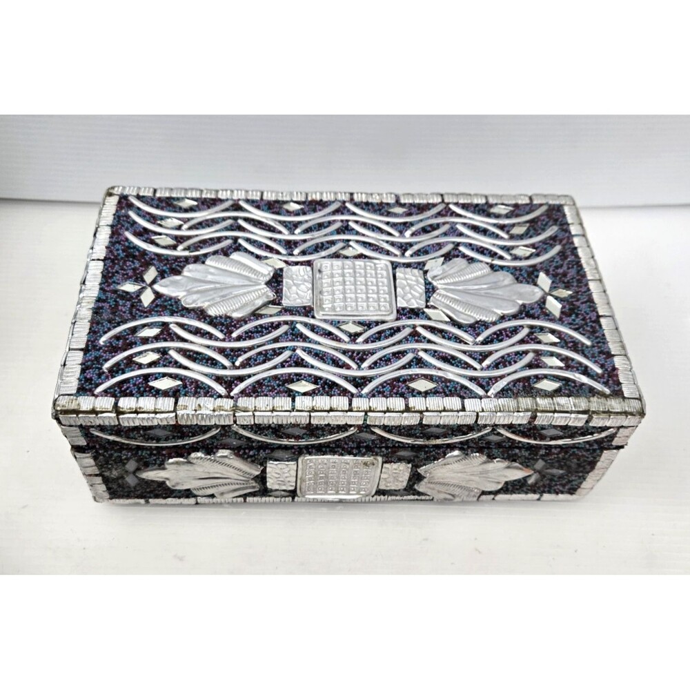 Wooden Trinket Box Keepsake Box Metal Applique & Bead Inlay Handmade Vintage 8"